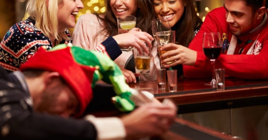 drunk man passed out on bar during Christmas
